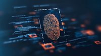 Digital fingerprint scan with binary code and glowing orange elements on dark background showcasing modern biometric security technology and data protection.