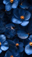 Luminous deep blue flowers with golden centers create dramatic contrast against dark background. Delicate petals showcase intricate veining patterns in moody floral art.