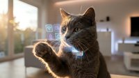 Gray tabby cat with raised paw interacting with holographic digital interface in modern smart home interior with warm sunlight streaming through windows.