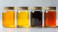 Assortment of different honey varieties in glass jars with gold lids, showcasing diverse colors from light amber to dark brown.