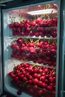 Fresh ripe red cherries on glass shelves in refrigerator display case, bright lighting highlights glossy fruit surface and green stems for food retail.
