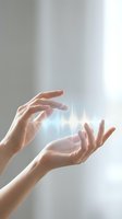 Hands protecting glowing sound wave visualization representing audio technology, voice recognition, music streaming and digital communication concepts.