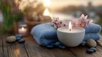Aromatic candle with soft blue towels, zen stones and delicate pink orchid flowers on wooden surface creates peaceful spa atmosphere. For wellness design.