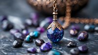 Mystical glass pendant necklace with blue and purple sparkles inside surrounded by scattered amethyst and turquoise stones on dark textured background.