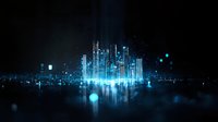 Futuristic glowing cityscape with neon blue skyscrapers reflecting on water surface against dark night sky, modern urban technology concept.