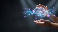 Human hands protecting glowing digital brain with neural network connections and data streams for artificial intelligence and technology concepts.