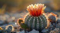 Blooming barrel cactus with vibrant orange-red flower on top, sharp spines visible against blurred desert background in warm sunset light, creating magical bokeh effect.