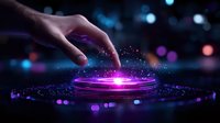 Mystical hand touching glowing purple energy circle with particles and light effects on dark background with bokeh lights, creating magical atmosphere.