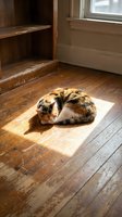 Tabby cat resting on wooden floor in sunlight near window and built-in shelving. Domestic feline lounging indoors on hardwood surface for pet care and home lifestyle content.