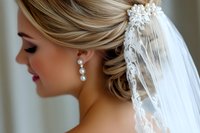 Side profile of young Caucasian bride wearing delicate lace veil and crystal drop earrings, with elegant updo hairstyle and natural makeup on wedding day.