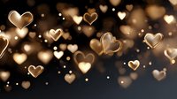 Golden heart shapes floating with warm bokeh lights creating romantic atmosphere for Valentine's Day celebrations and love-themed designs.