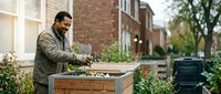 Middle-aged man with dark beard and South Asian appearance composting organic waste in wooden bin in urban garden setting with brick buildings.