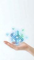Hand holding glowing holographic cube with healthcare icons including heart, heartbeat, and leaf symbols representing medical technology, wellness innovation, and digital health solutions.