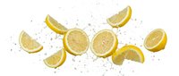 Fresh lemon slices and wedges flying with water splashes isolated on white background, perfect for food, beverage, and healthy lifestyle designs.