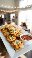 Mini pizza cups topped with melted cheese and herbs on a white platter with marinara dipping sauce, served at a festive party gathering.