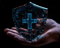 Glowing digital shield with medical cross floating above palm in dark background, representing healthcare protection and medical data security concept.