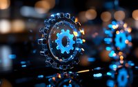 Glowing blue gear mechanism with digital interface elements on dark background with bokeh lights, representing technology and automation processes.