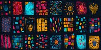 Vibrant abstract pattern collection featuring colorful hand-drawn elements in dark background perfect for modern textile design, digital backgrounds and creative surface patterns.