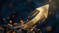 Golden arrow pointing upward emerging from dark surface with glowing particles and bokeh lights symbolizing growth, success and financial progress.