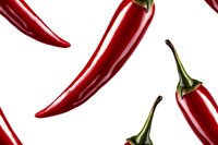 Fresh red chili peppers with green stems scattered on white background, isolated food pattern for spicy cuisine and cooking designs.