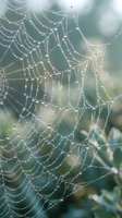 Intricate spider web covered in morning dew droplets with soft natural bokeh background creating delicate patterns in early sunlight for nature designs.