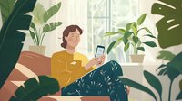 Young Asian woman in yellow sweater relaxing on couch with smartphone surrounded by lush indoor plants and natural light from window, cozy home atmosphere.