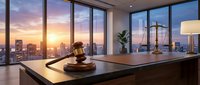 Modern law office interior with gavel and scales of justice on wooden desk overlooking city skyline at sunset for legal services and attorney consultation.