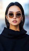 Stylish young Asian woman wearing round sunglasses and black hoodie with urban background for fashion and lifestyle content.