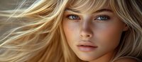 Young woman with flowing blonde hair and natural makeup in warm lighting, close-up portrait showing intense blue eyes and flawless complexion against blurred background.