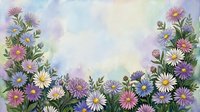 Watercolor wildflower border with daisies and asters in purple, pink and white tones on soft pastel background for spring greeting cards and botanical designs.