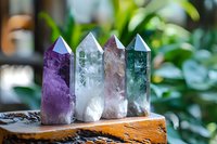 Colorful healing crystal points collection featuring amethyst, clear quartz, rose quartz, and fluorite arranged on wooden surface with natural green background.