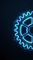 Glowing blue neon gear wheel with digital particles on dark background for technology and engineering concepts.