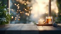 Cozy morning scene with steaming coffee cup and jar on wooden table against blurred bokeh background and sunlight. Decorative plants create peaceful atmosphere.