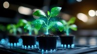 Glowing green plant seedling in black pot with magical sparkles and bokeh lights, symbolizing growth and technology fusion on dark background.
