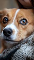 Close-up portrait of an adorable Pembroke Welsh Corgi with expressive amber eyes and distinctive white and ginger facial markings, wrapped in a cozy knit scarf.