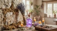 Lavender essential oil bottle with dried herbs and candles on rustic wooden table in cozy kitchen interior for aromatherapy and natural wellness lifestyle.