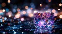 Glowing crystal glass with purple and blue neon lights on dark background with bokeh effects and water drops, creating magical atmosphere.