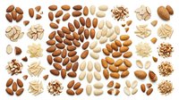Almonds and blanched almond pieces isolated on white background, overhead flat lay arrangement for culinary, baking, nutrition and healthy food design projects.