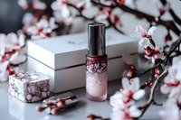 Luxury cosmetic bottle with pink gradient and decorative pattern alongside white gift box and cherry blossoms on reflective surface, elegant spa composition.