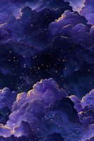 Magical night sky with luminous purple clouds illuminated by golden edges, scattered with glowing stars perfect for fantasy illustrations and dreamy designs.
