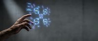 Hand reaching toward floating blue digital virus particles and bacteria symbols in futuristic holographic display for medical technology and healthcare concepts.
