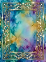 Ornate golden frame with flowing Art Nouveau scrollwork borders surrounding a vibrant watercolor wash in blues, purples, yellows and teals. Suitable for invitations, book covers and decorative designs.