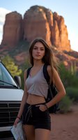 Young woman hiker with map and backpack stands near vehicle against dramatic red rock formations at sunset, wind blowing through long brown hair, wearing casual hiking attire.