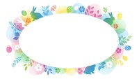 Colorful spring floral oval frame with Easter bunnies, eggs and botanical elements on white background for greeting cards and seasonal designs.