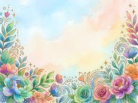 Watercolor floral border with colorful roses, leaves, and golden swirls on a soft pastel background, perfect for cards and invitations.