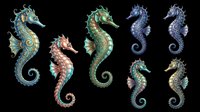 Seahorse collection featuring seven ornate marine creatures with detailed scales, fins, and curled tails in jewel tones. Isolated on transparent background, ready for t-shirt design, clipart, stickers, sublimation, and print-on-demand projects.