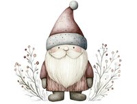 Cute winter gnome with long white beard wearing dusty pink and gray hat, surrounded by delicate floral branches in watercolor style on white background.
