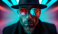 Bearded man in black hat and reflective sunglasses illuminated by vibrant neon red and blue lights creating dramatic cyberpunk atmosphere for modern urban photography.