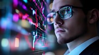 Young Caucasian businessman in glasses analyzing financial market data on virtual screen with glowing charts and graphs in dark office with neon lights and bokeh effect.