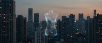 Glowing neon mannequin torso floating against urban skyline at dusk, illuminated dress form with city lights in background.
